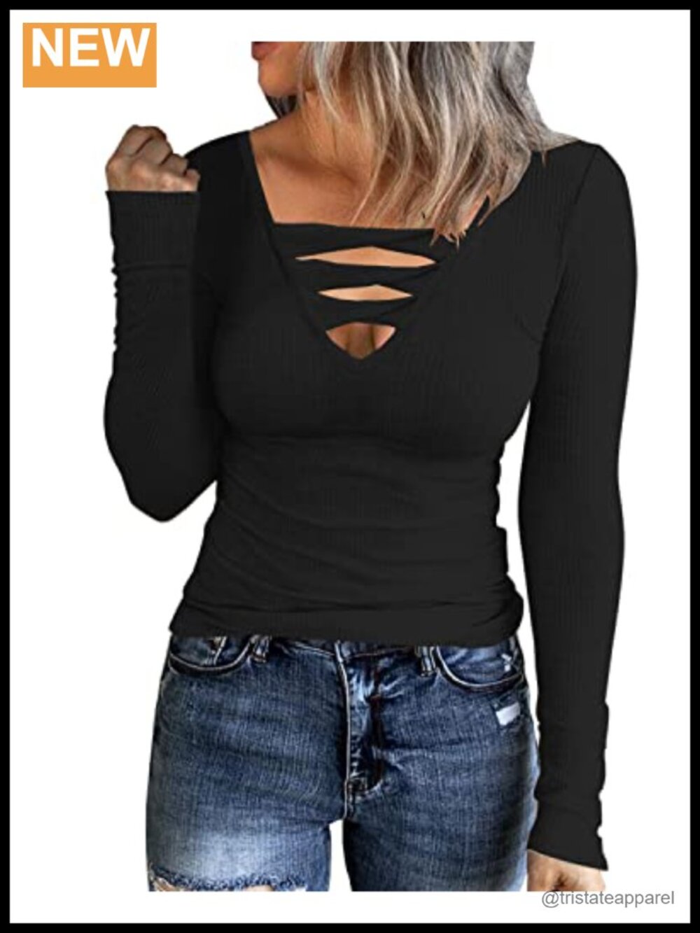 Women's Long Sleeve V-Neck Criss Cross Ribbed Knit Tunic Top Slim Fit